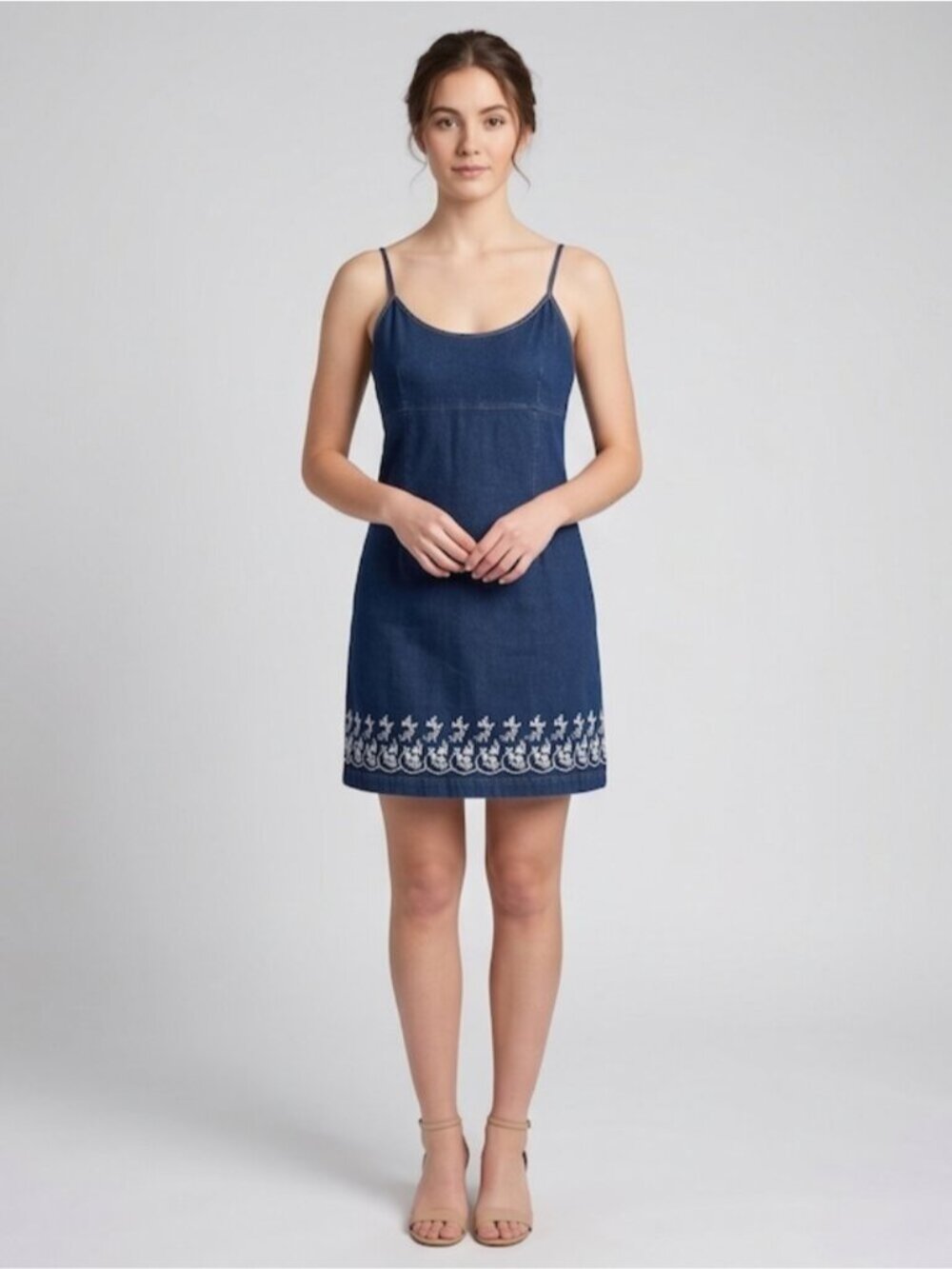 Vintage Floral Embroidered Hem Denim Slip Mini Dress, Size 13